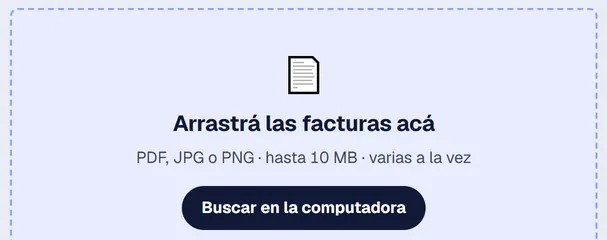 Captura de Quanti Compras: la zona para subir facturas en PDF, JPG o PNG, con el botón Buscar en la computadora.